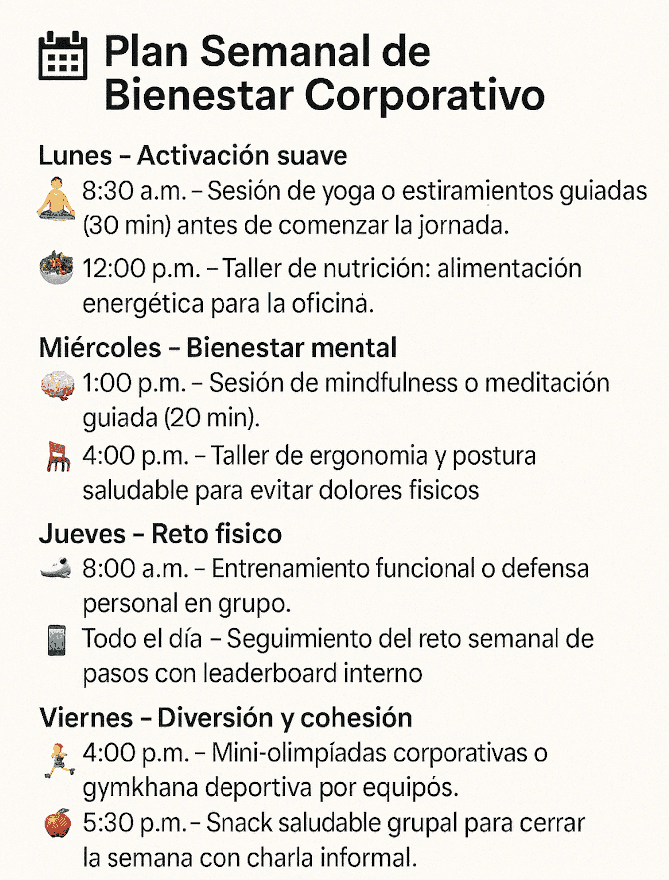 plan semanal bienestar corporativo ejemplo